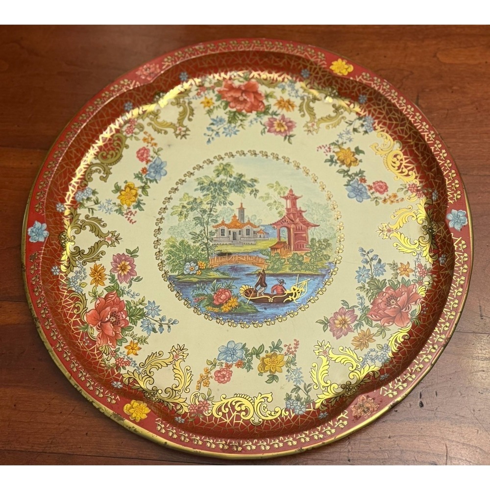 Vintage Daher Decorated Ware Tin Tray 11101 Round Floral Pagoda England 1970s